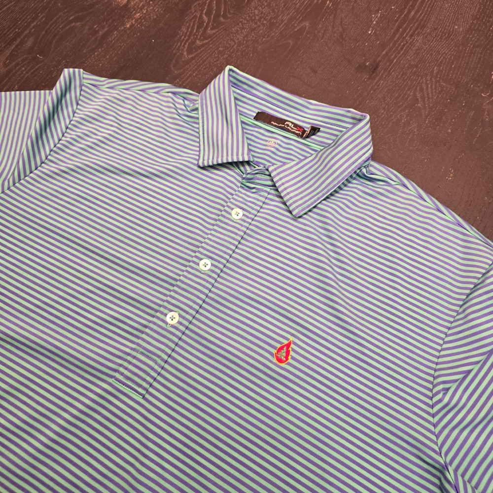 RLX Ralph Lauren Mens Golf Polo Shirt Purple Green Striped Wicking Large L